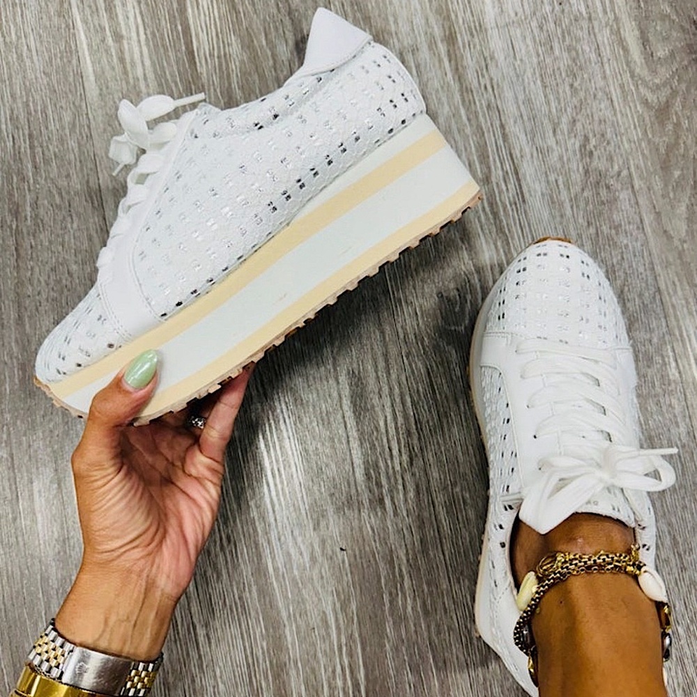 🆕🤍PIERRE DUMAS: White/Silver Powers That Be Platform Sneaker SZ 9